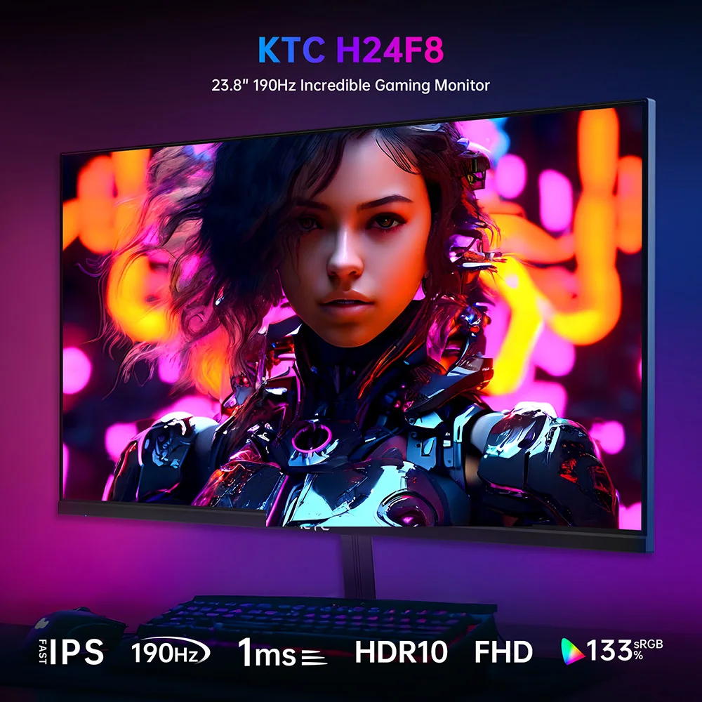 Monitor para Juegos KTC H24F8 de 24 Pulgadas FHD, Panel IPS Rápido, Frecuencia de Actualización de 190 Hz, Tiempo de Respuesta de 1 ms, 133% sRGB, HDR10, Adaptive Sync, Luz Azul Baja, Compatible con VESA, Funciones de Asistencia para Juegos 3