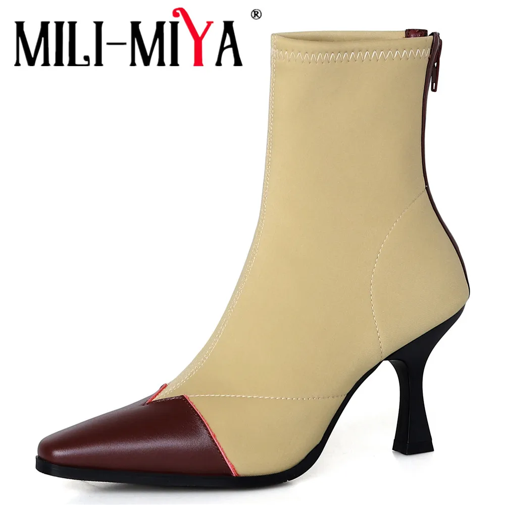 

MILI-MIYA Women's Cow Leather Stretch Fabric Ankle Boots With Pointed Toe And Slender Heel In Two-Tone Colourway Big Size 34-40