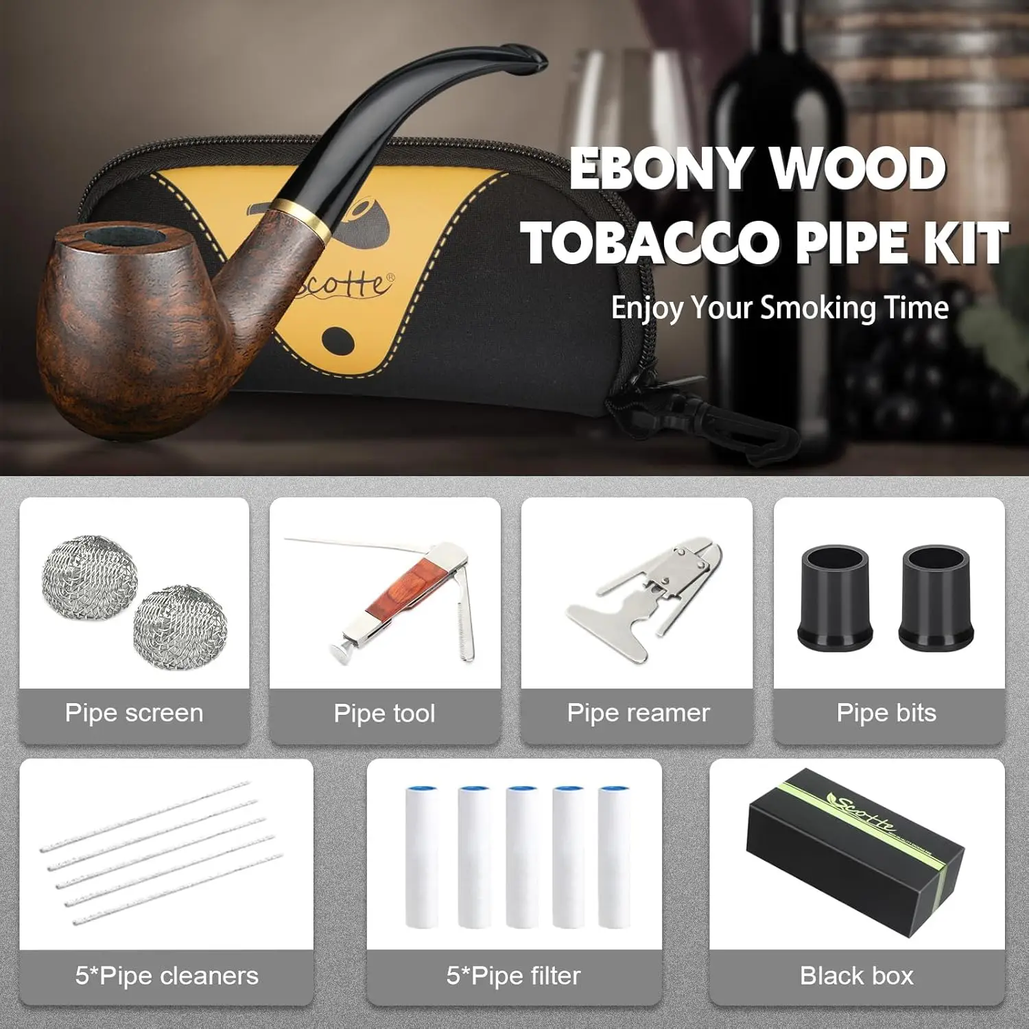 أنبوب التبغ المصنوع يدويًا من خشب الأبنوس، صندوق هدايا لملحقات أنابيب التدخين #4