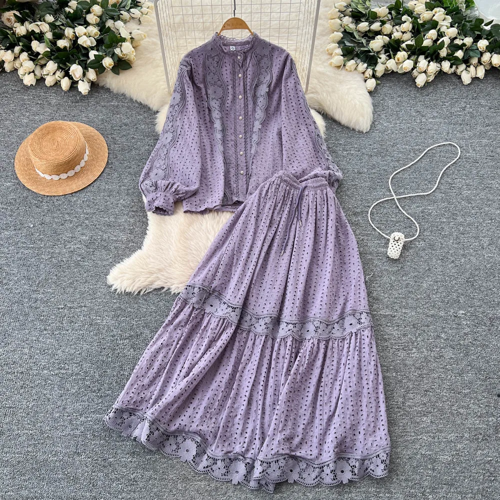 

ALPHALMODA 2025,high-end, Women, Loose, Casual, Hollow Embroidered, Lace, Lantern Sleeve, Shirt + High Waist, Skirt