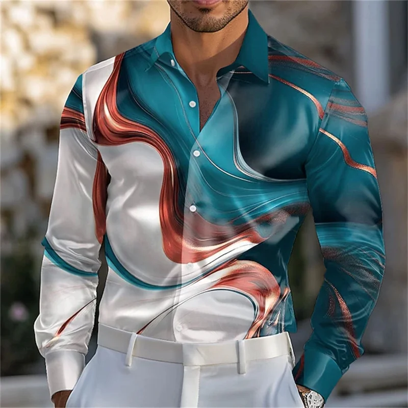 

Men's geometric pattern marble abstract liquid art shirt, summer, spring, autumn, lapel, 3D printed button shirt, burgundy, blue