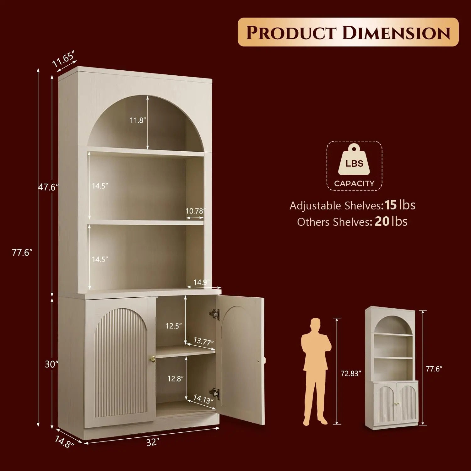 Arched Bookshelf 2-Pack with Cabinet, Wood Storage Display Stand 77.6