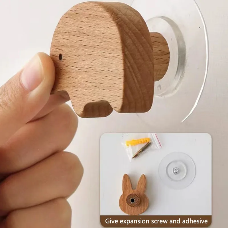 Cute Animal Wooden Hook Door Back Hook Clothes Holder Beech Wood  Wall Hanging Coat Hook Key Holder With Adhesive Glue