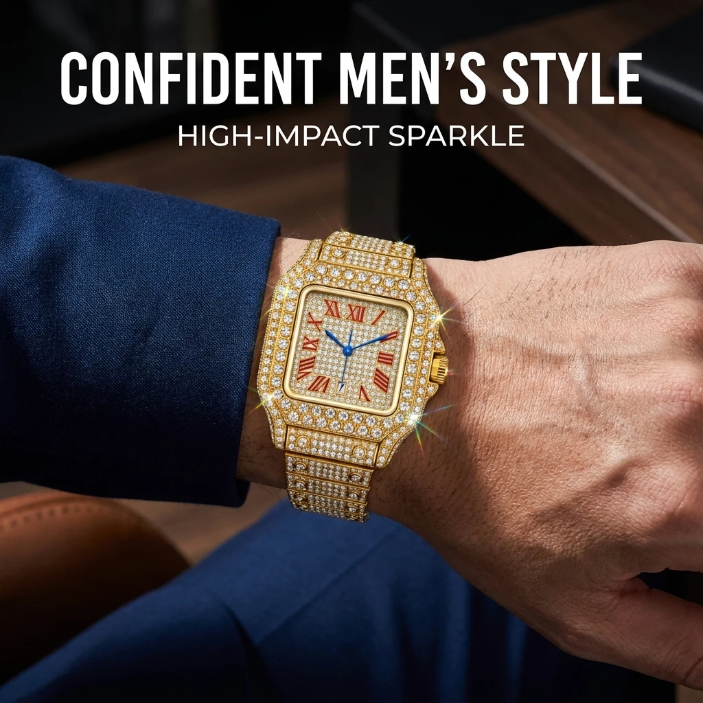 Men's square plate reading watch, block face splicing shape strap, light luxury collection style