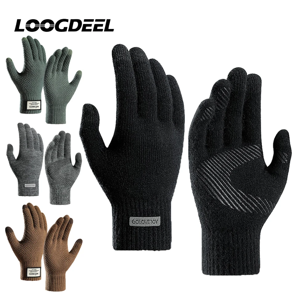 

LOOGDEEL Knitted Gloves Ski Inner Lining Gloves Fleece-Lined And Thickened Touch Screen Jacquard Warm Woolen Gloves Plus-Size