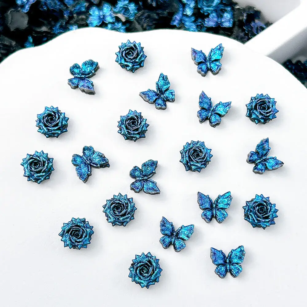 30 Stück Leuchtende Kreative Weiche Schmetterling-Rosen-Harz-Nagelcharms 3D Tiefblaue Feine Funkelnde Blumen-Nagelkunst-Dekorationen DIY Nägel – Detail 4