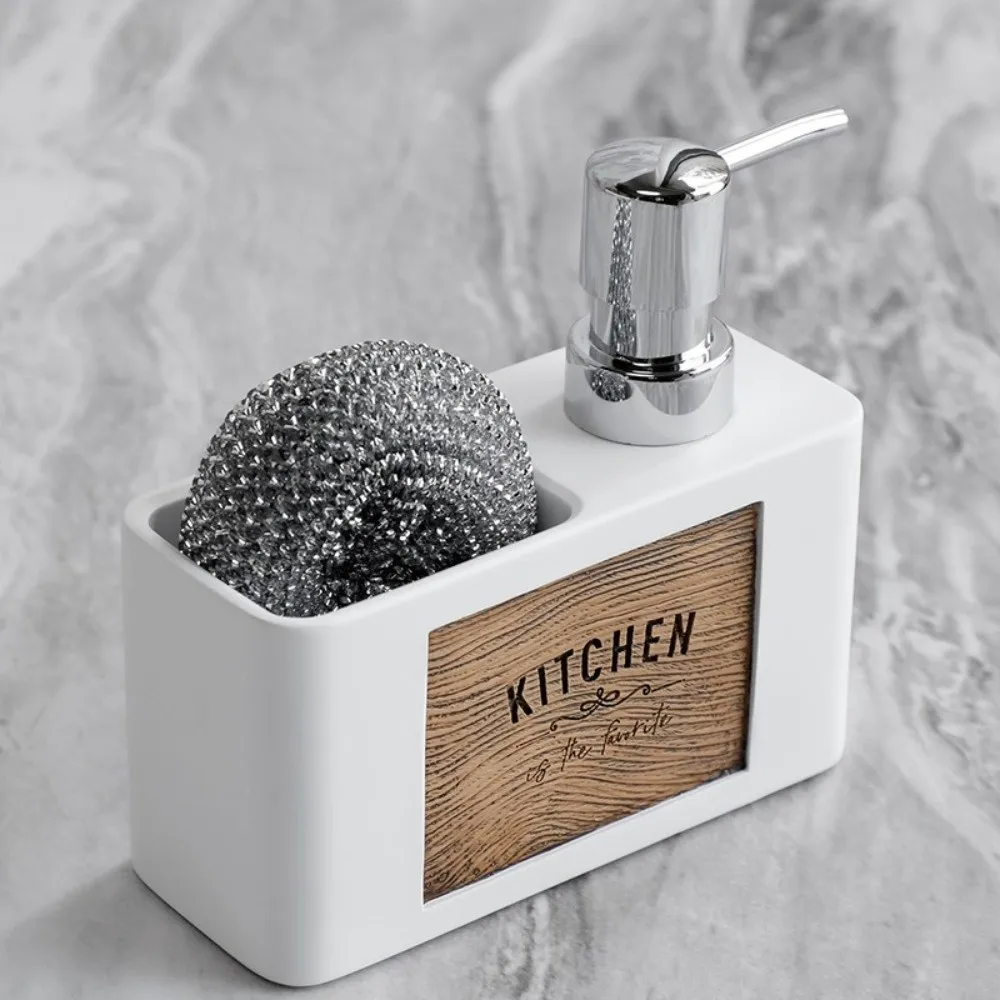 Press Type Kitchen Soap Dispenser Refillable with Sponge Holder Manual Soap Pump Wood Grain Bathroom Hand Wash Bottle Restaurant