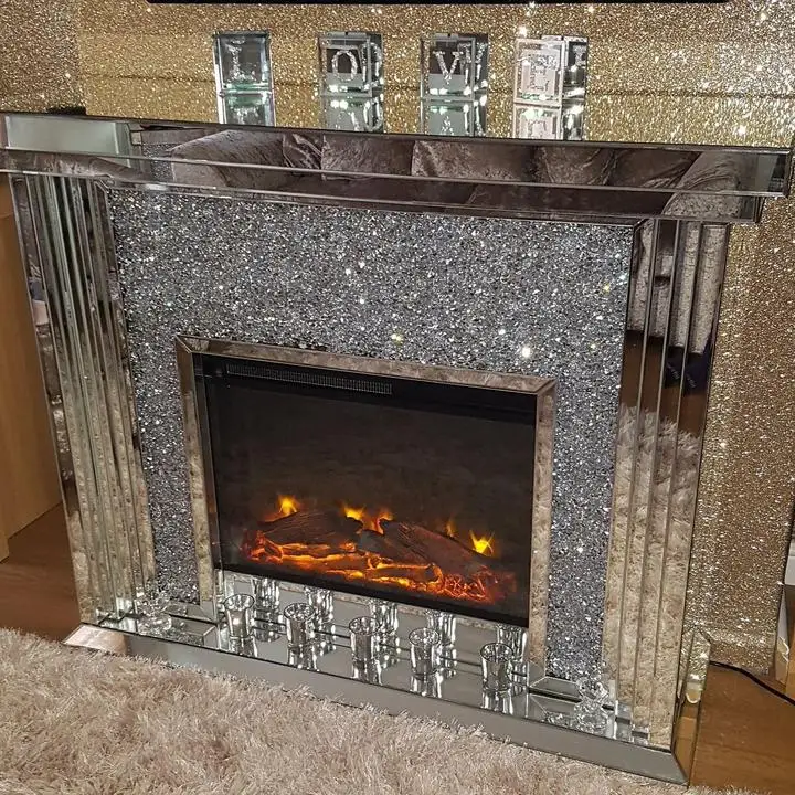 Coolbang modern design and popular electric fireplace heater decoration flame diamond shattered mirror fireplace