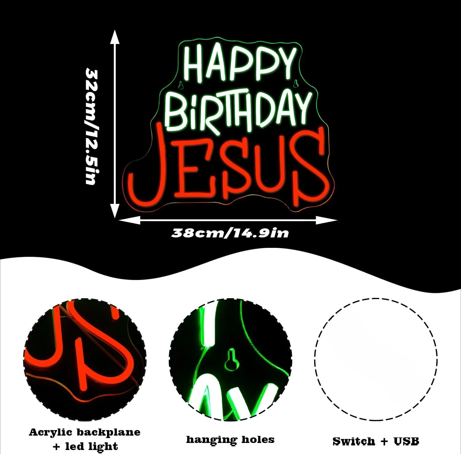 Happy Birthday Jesus Neon Sign Christmas Neon Light USB Dimmable LED Light for Inspirational Christian Home Decorations Gift