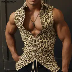 2024 Men's Tank Tops Leopard Printing V Neck Sleeveless Lace Up Summer Men Clothing Streetwear Fashion Male Vests INCERUN S-5XL