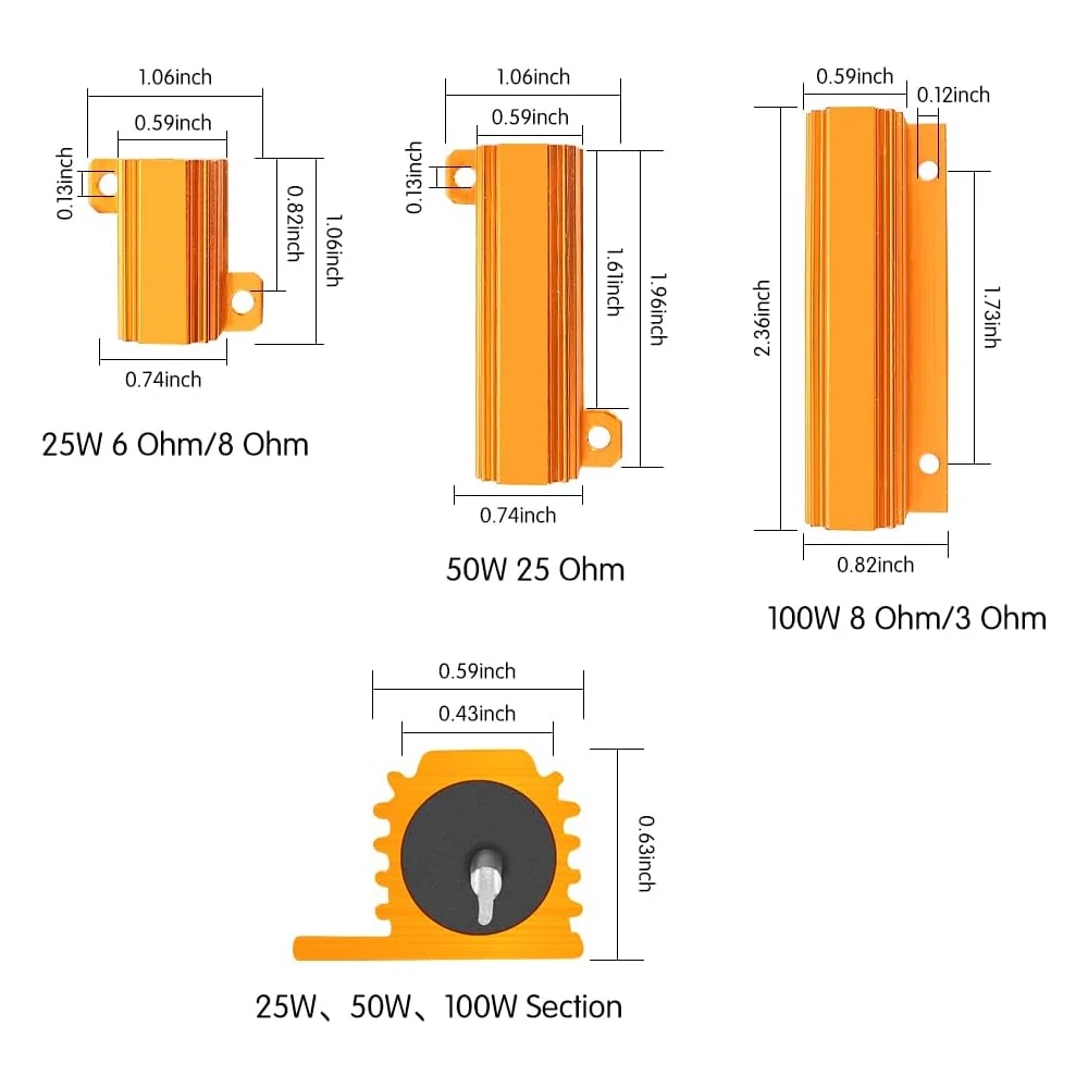 2-10PCS Aluminum Shell Resistor Kit 25W 6Ω/8Ω + 50W 25Ω + 100W 3Ω/8Ω Carload Resistance for Brake Load/LED Decoder