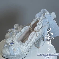 Flower Vantage Cherry Blossoms Pearl Chain Lace Bowknot Lolita Shoes High Heel Printing Sweet Girls Cosplay Lolita Shoes Loli