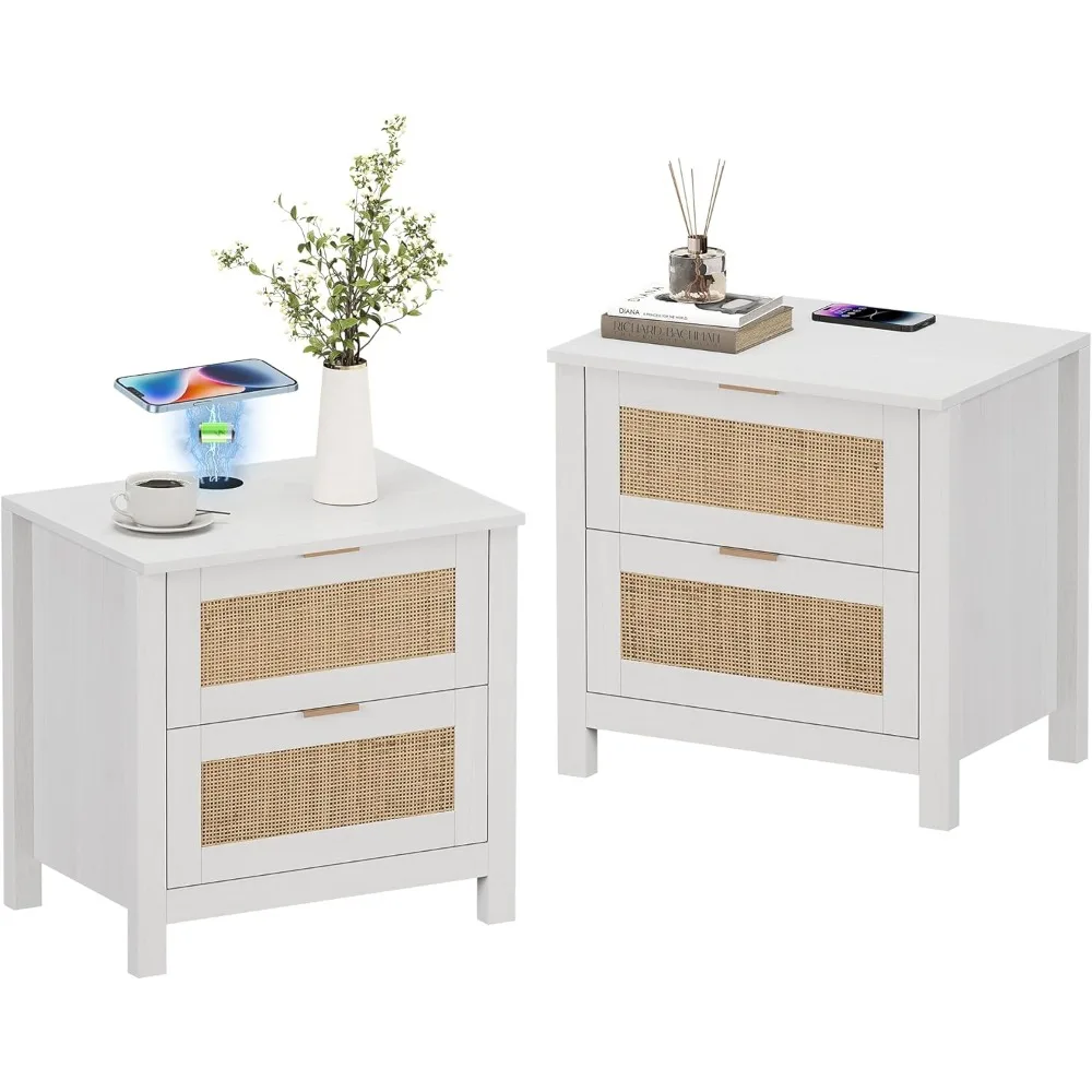 

Night Stand Set of 2 Rattan Nightstands with Wireless Charging Station, Wood Accent Bed Side End Tables with 2 Rattan Drawers,
