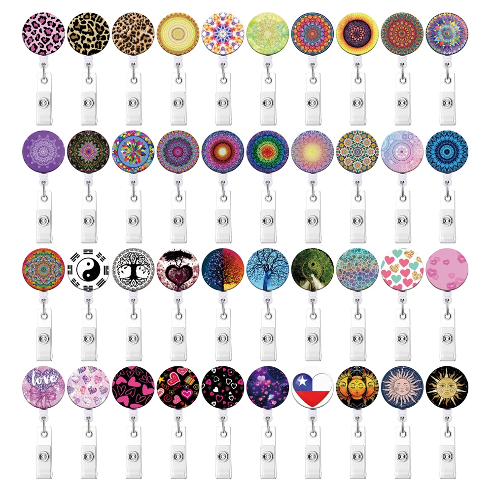 1PC Mandala Versenkbare Abzeichen Reel Clip Leopard Print Namensschild Karte Abzeichen Halter Rollen Liebe Form Liefert Credential Halter