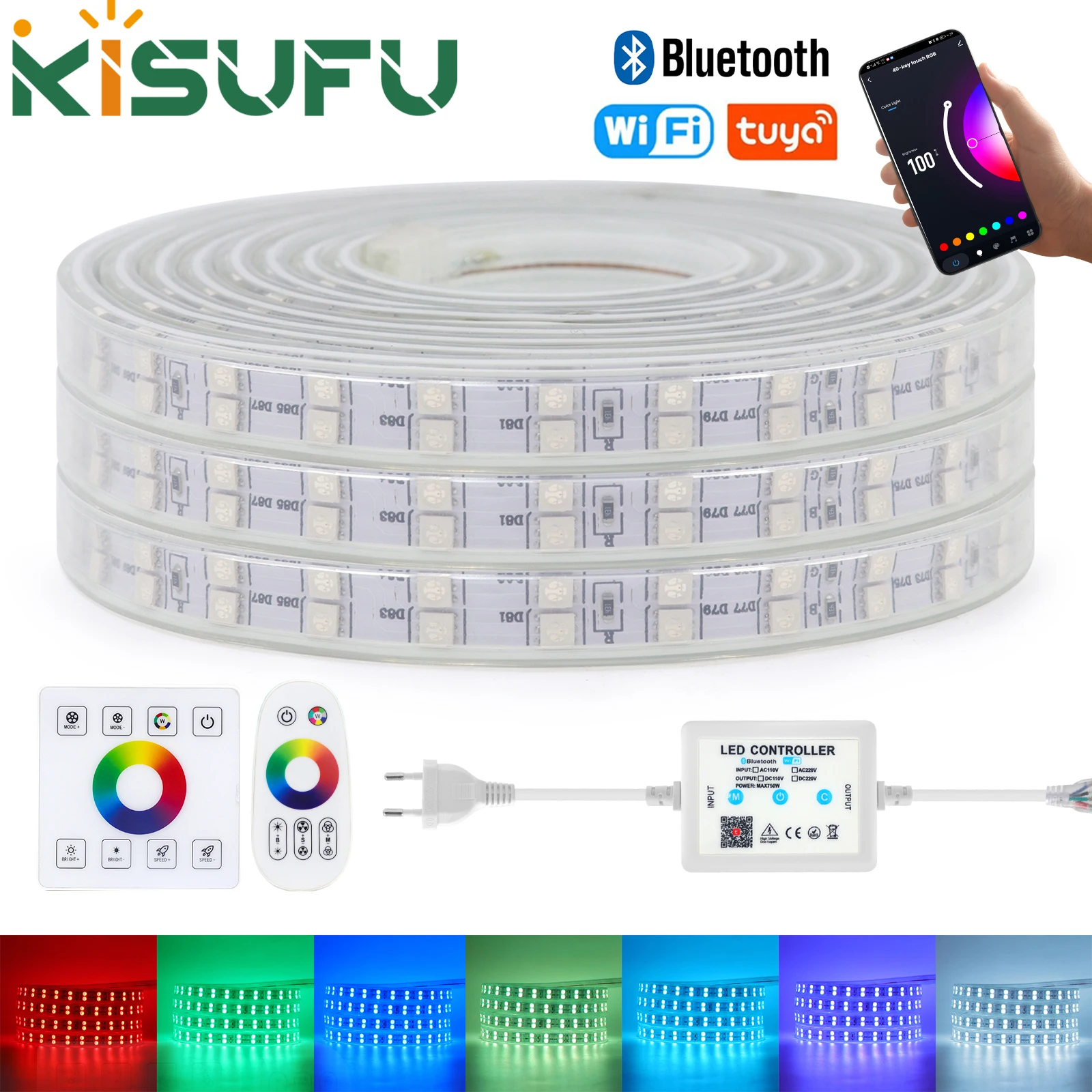 

220V-240V RGB LED Strip Light Waterproof RF Bluetooth Tuya WiFi Control SMD5050 Rope Lamp With Remote EU/AU/UK Plug Home Decor