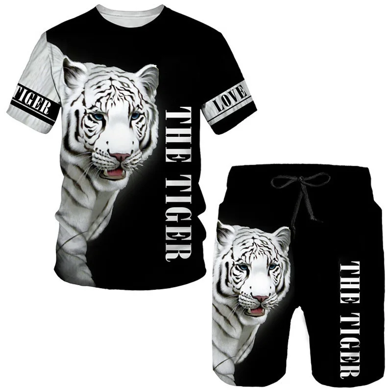 Camisetas e shorts masculinos com estampa tigre 3D, fatos de treino animais, camiseta e calça de manga curta extragrande moda, roupas masculinas