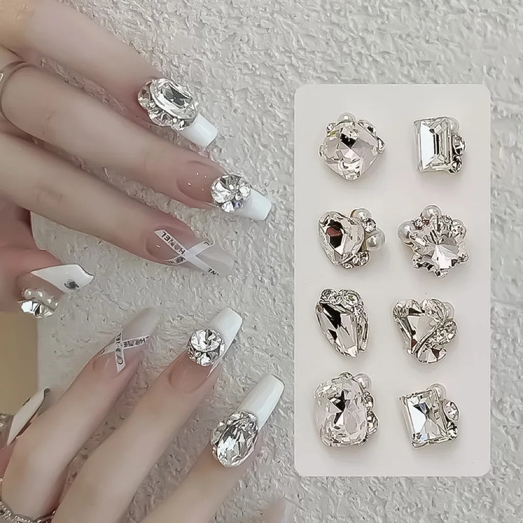 10PCS Super Sparkle Stacked Nail Rhinestones Luxury 3D Clear White Crystal Love Pillow Egg Rect Square Charms French Manicure