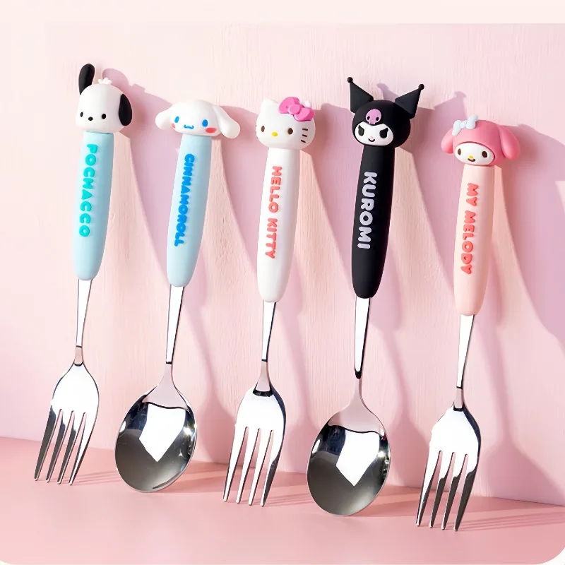 

Kawaii Hello Kitty Spoon Fork Two Piece Set MINISO Anime Kuromi Cinnamoroll Lovely Household Children Cartoon Tableware Suit New