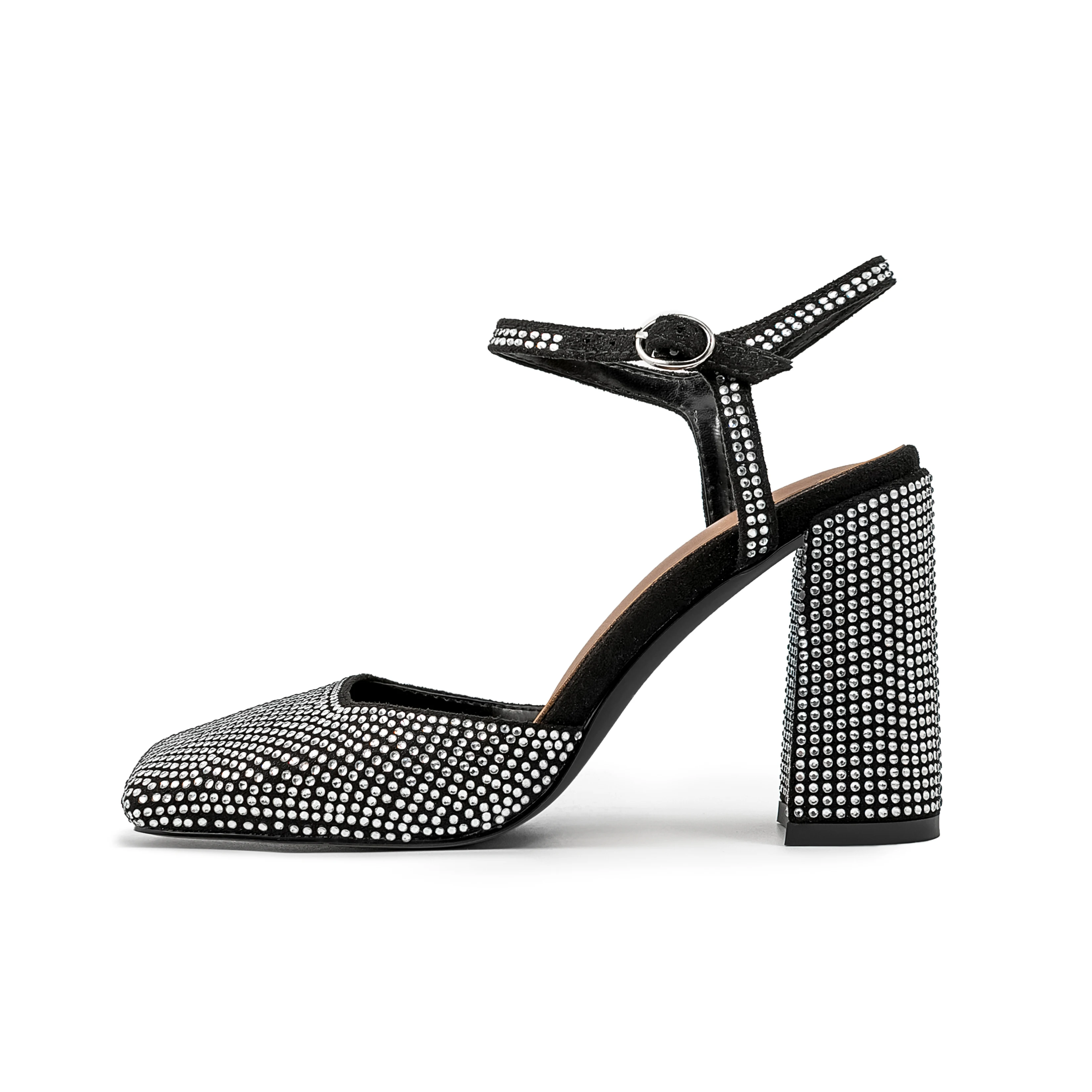 

Arden Furtado 2024 Summer New Suede Square toe Shallow Coarse heel Belt buckle Super high heel Crystal word-cingulate Sandals