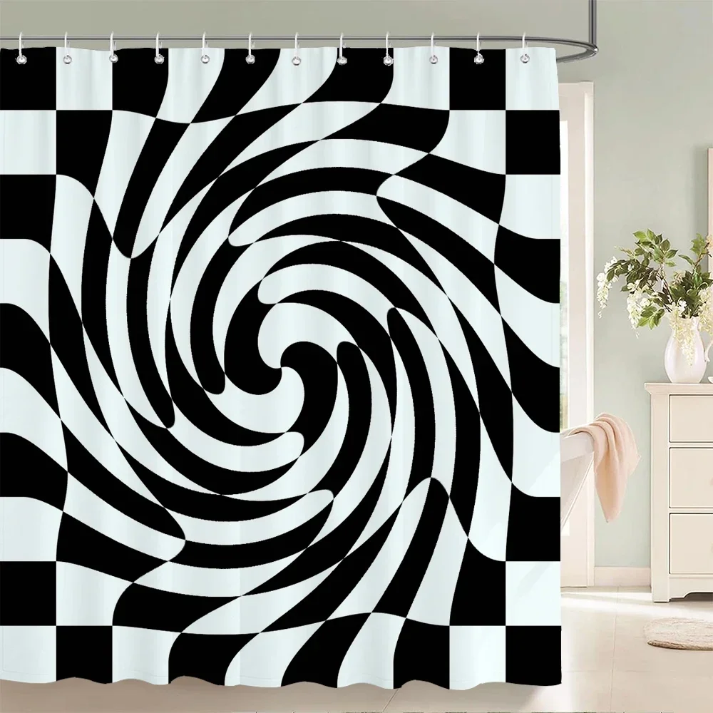 Black White Swirl Checkered Shower Curtain Abstract Optical Illusion Geometric Twist Pattern Waterproof Polyester Bathroom Curta
