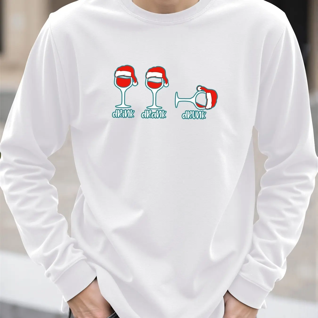 Weihnachten Wein Glas Druck männer T-shirt Frühling Herbst Casual Oansatz Lose Langarm Tops Mode Neue Jahr X'mas Kleidung Tees
