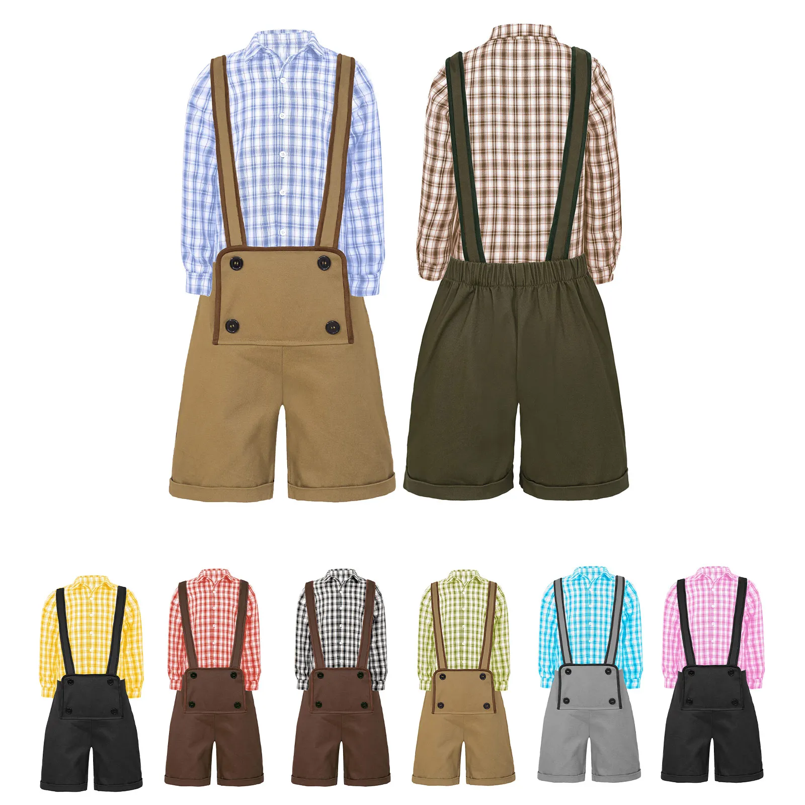 Costume da Cowboy occidentale per bambini e ragazzi 2 pezzi camicia scozzese a maniche lunghe con colletto rovesciato Casual + pantaloncini complessivi vestito da scuola vestito fantasia