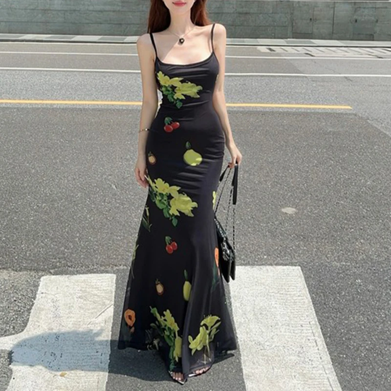 Women Sling Dresses Summer New Streetwear Sexy Backless Black Maxi Dress Fashion Fruit Print Elegant Casual Slim Female Dresses