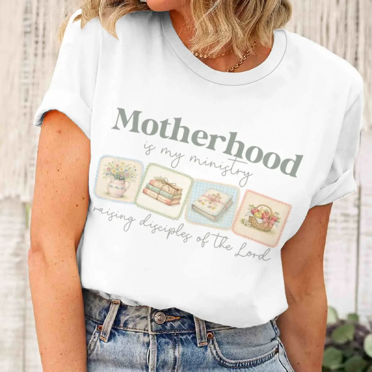

Motherhood T-shirts For Women Vintage Plant Books Christianity Print T Shirt Short Sleeve Tops Mama Life Ladies Crewneck Tshirt