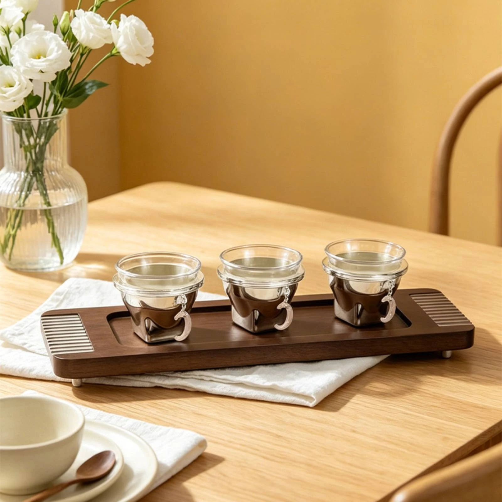 Decorative Tray with Silver Accents Slim Woodgrain Tray with Feet Sturdy Large for Coffee Table