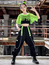 Ropa de Hip Hop para niñas, traje de baile de Jazz, Tops de red verde, pantalones negros, Ropa de baile callejero moderno, ropa de actuación en escenario Kpop BL8602