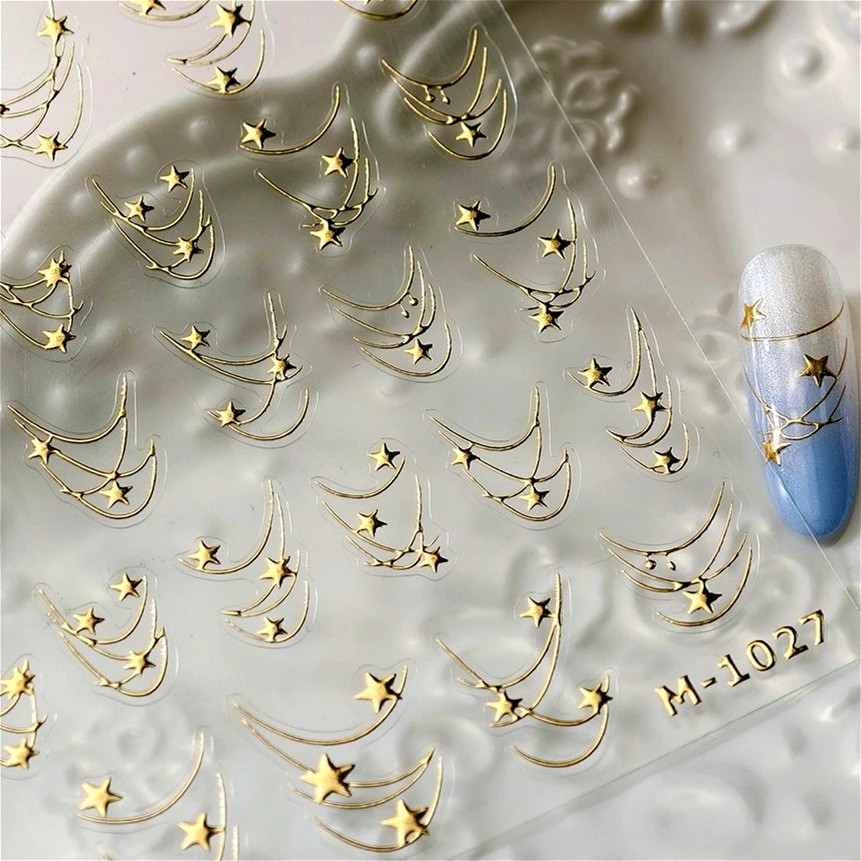 

Romantic French Star Moon Necklace Gold Silver Chic Arc Line Tassel Starburst Hot Stamping 5D Nail Art Stickers Manicure Decals