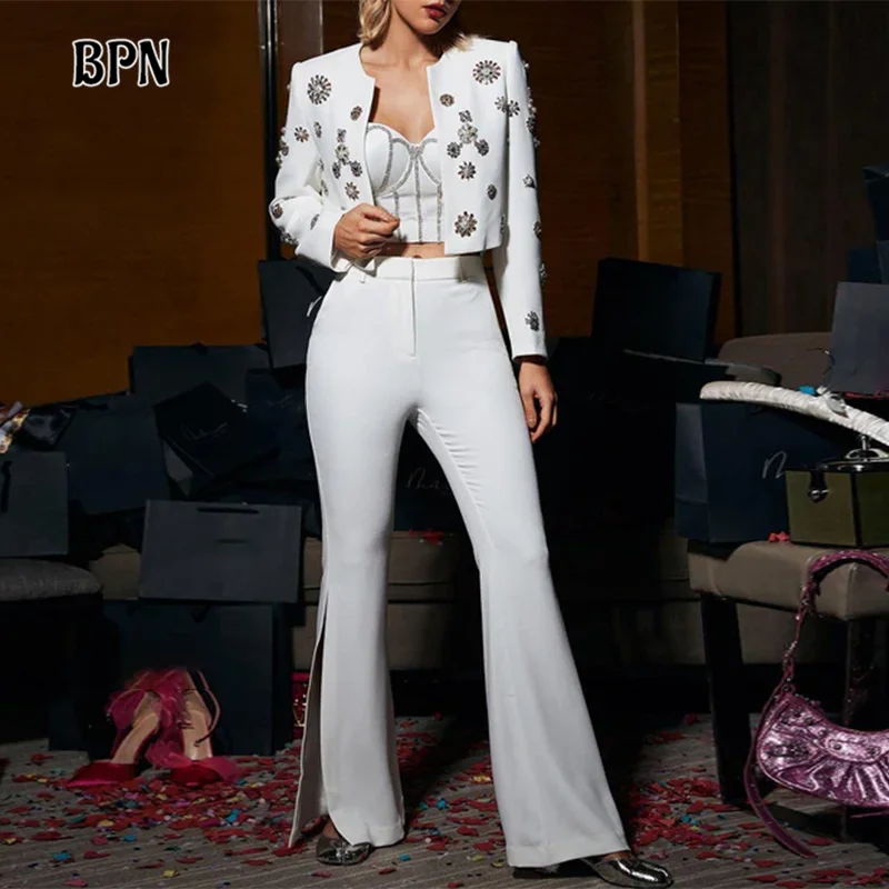 

BPN Elegant Chic Two Piece Sets For Women Round Neck Long Sleeve Spliced Appliques Coats High Waist Flare Pants Slim Set Female