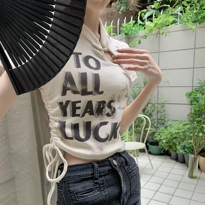 Women Fashion Chinese Style Crop Tops Lady Outside Ruched Tie Up Daily Clothes Female Letter Printing Short sleeved T-shirts