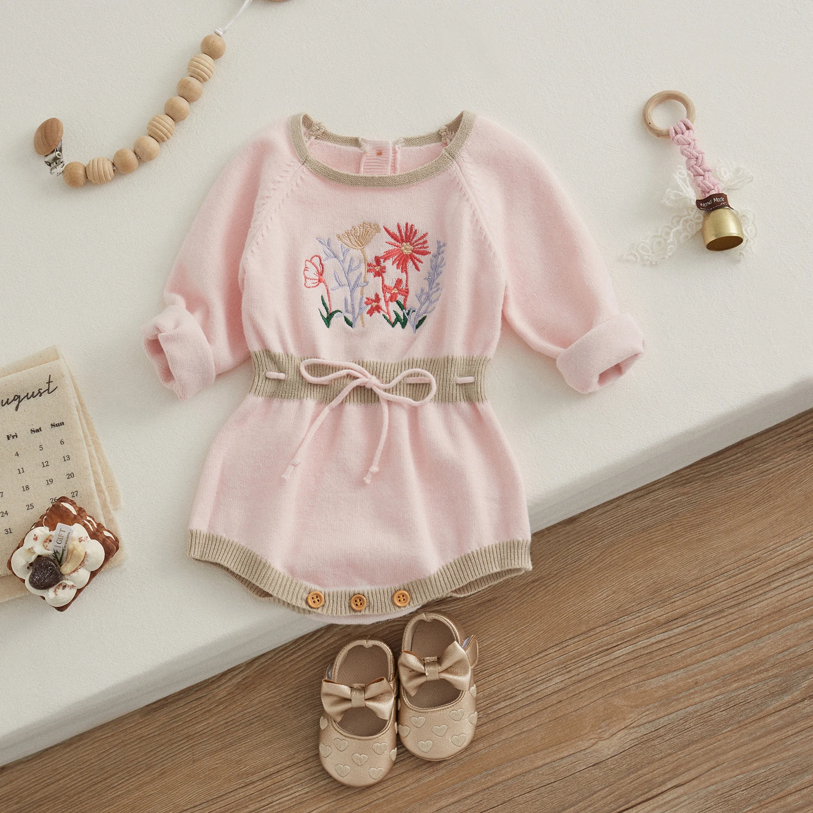 VISgogo Baby Girls Knit Romper Long Sleeve Crew Neck Embroidery Flower Drawstring Bodysuit Baby Fall Winter Clothes for Daily