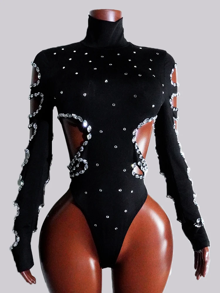 

Sexy Long Sleeve Rhinestone Black Bodysuit Hollow Out Dancewear Top Stage Outfit Woman Showgirl Suit Drag Queen Costume Club Dj
