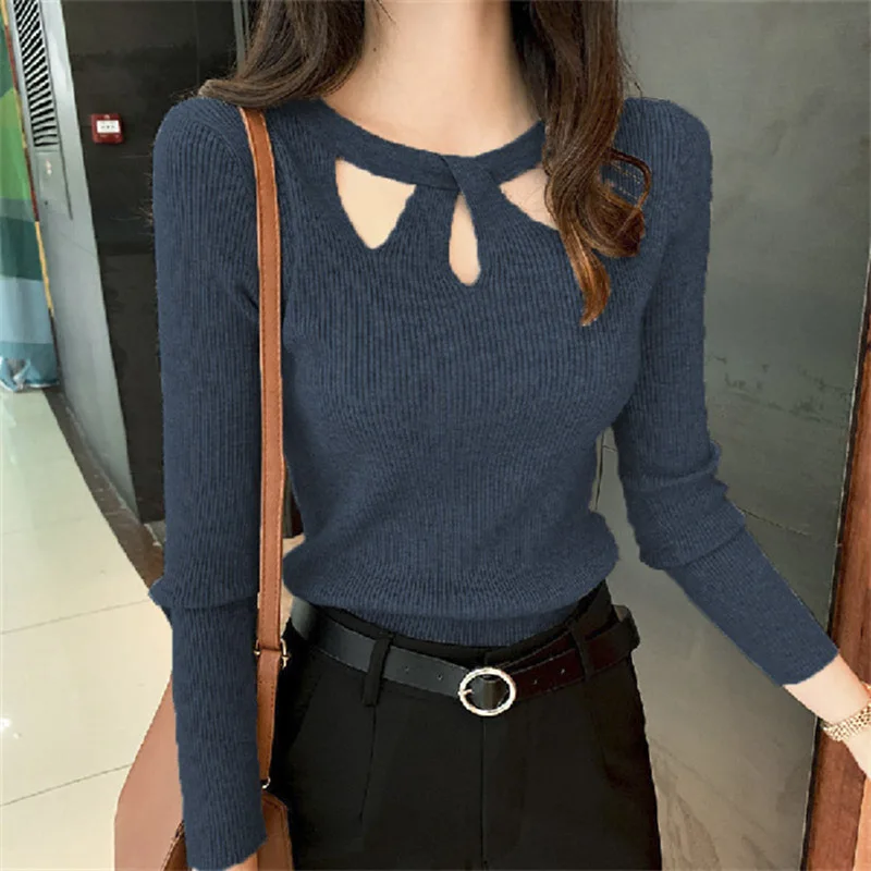 Autumn Winter Ribber Knitted T Shirts Women Green Spring Hollow Out White Basic Long Sleeve Tops Lady Casual Tees