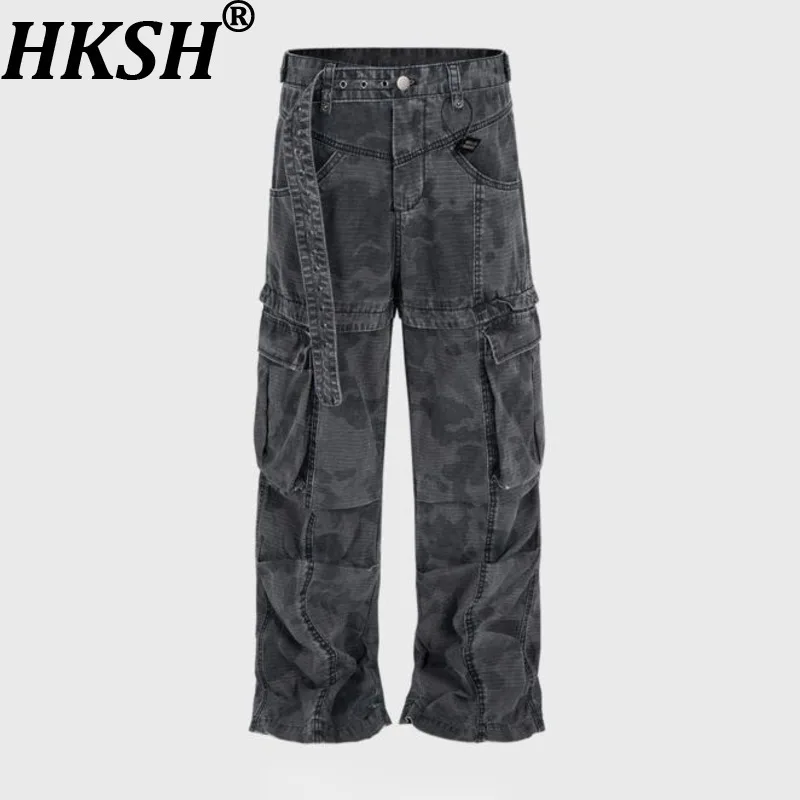 

HKSH весна осень новые мужские темные винтажные потертые прямые брюки-карго модные шикарные повседневные уличные брюки с несколькими карманами HK12439