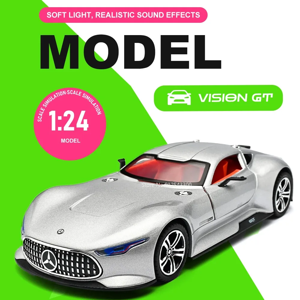 

1:24 Vision GT Bolide Car Model Toy Sound Light Spray Models Shock Absorption Doors Opened Vehicle Birthday Gifts for Children