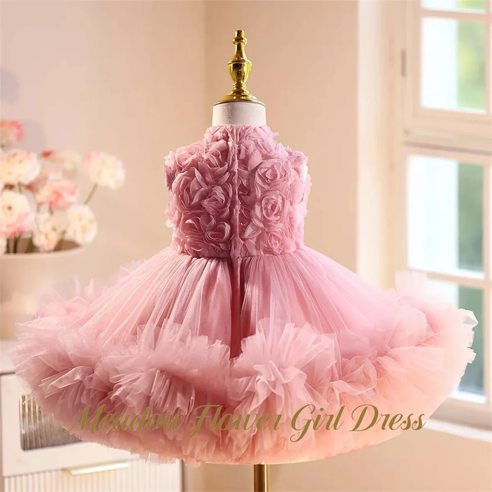 Meadow Pink Evening Party Gown for Girls High Collar Sleeveless Children Birthday Party Dresses A Line Baby Kids Birthday Gown