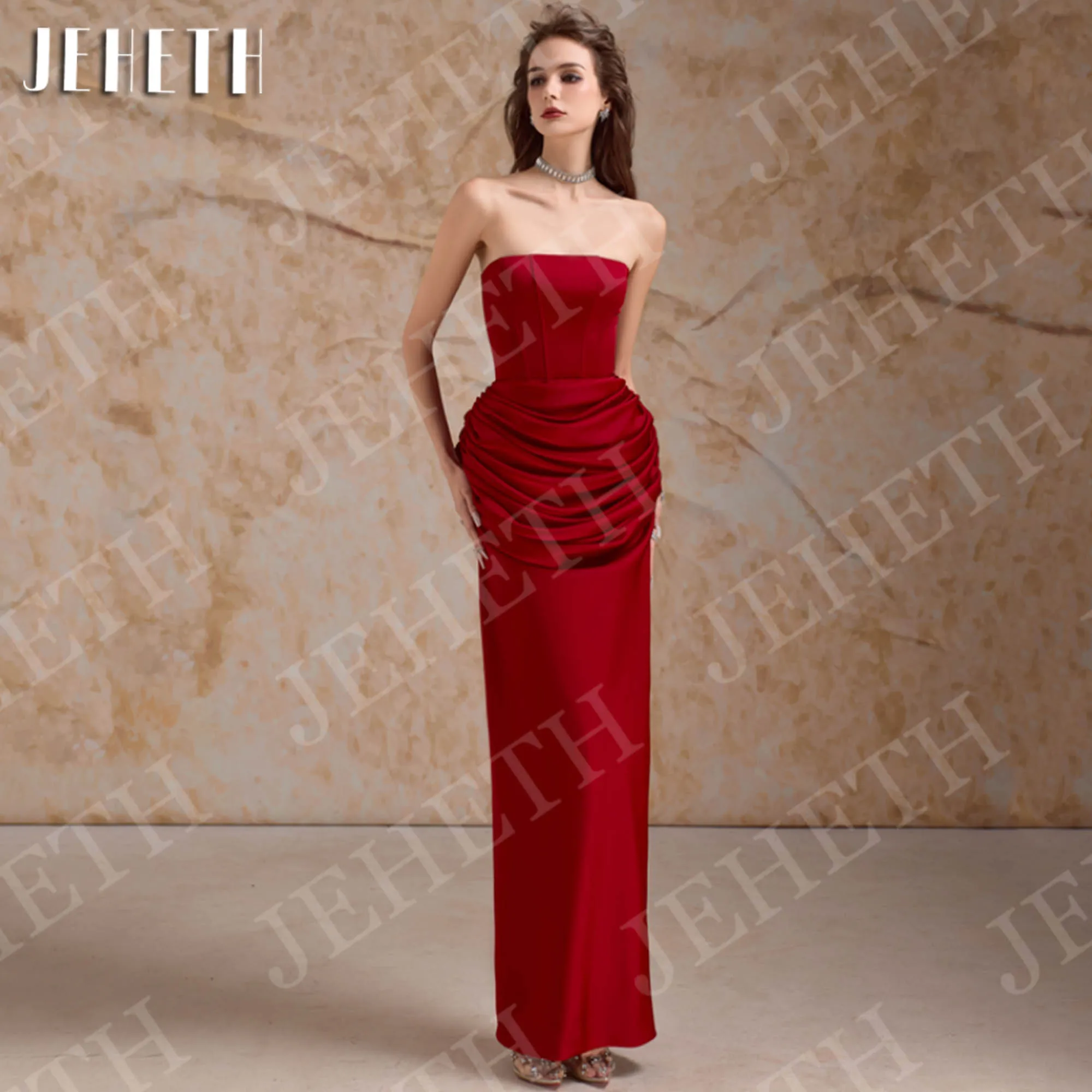 

JEHETH Red Strapless Evening Dress Woman Elegant Long Slim Satin Formal Party Dresses Sleeveless Customized vestidos de noche