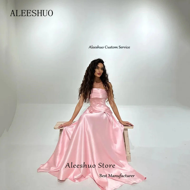 Aleeshuo sexy rosa cetim a linha sem mangas vestido de baile 2025 plissado sem costas vestido de festa sem alças arábia saudita vestidos personalizados