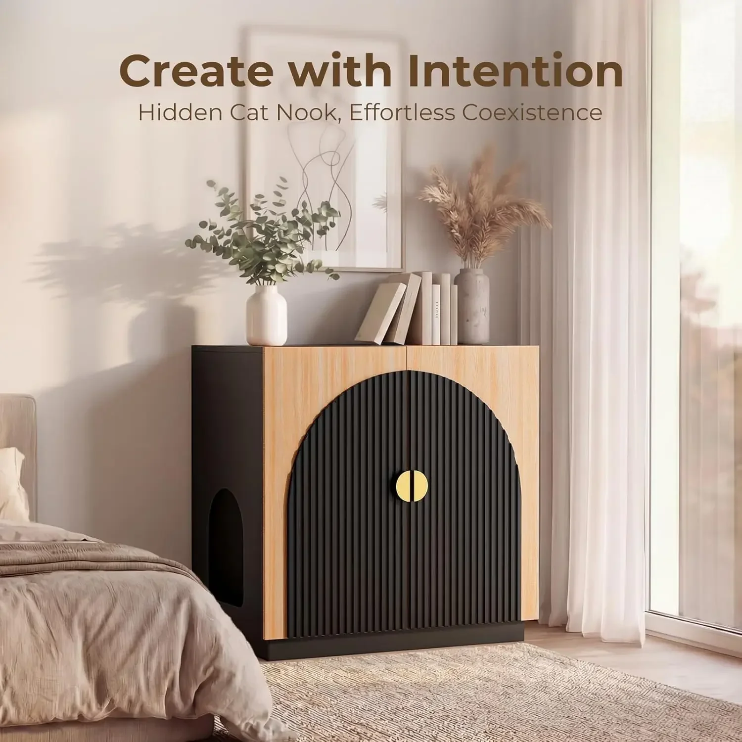 Large Litter Box Enclosure, Fluted Hidden Cat Litter Box Cabinet with Storage, Symmetrical Curved Accent Sideboard Furniture (Bl