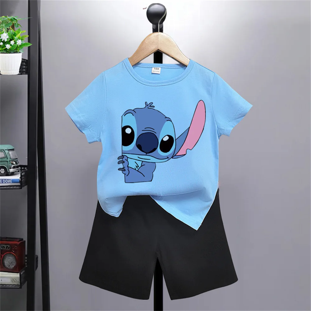 Summer 2024 Cute and Fun Disney Cartoon Boys Girls Printed T-shirt + Shorts Set Top Cotton Short Sleeve Shorts Gift