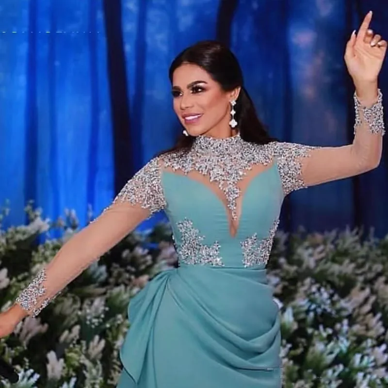 فساتين سهرة عربية مخصصة بياقة عالية وأكمام طويلة مزينة بالخرز يدويًا رداء de soiree musulman للحفلات الراقصة رداء حفلات