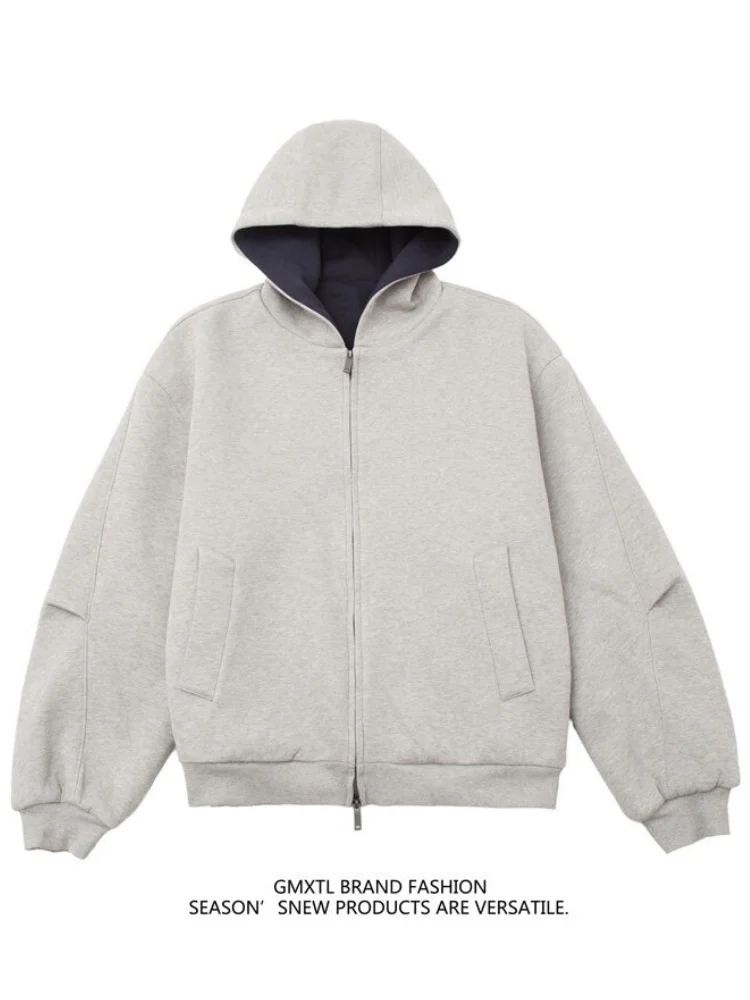 

American Sle Thiened Double Zipper Hoodie Men's Autumn Winter New Loose Color Blo Hooded Open Cardigan Thi Casual Spo...
