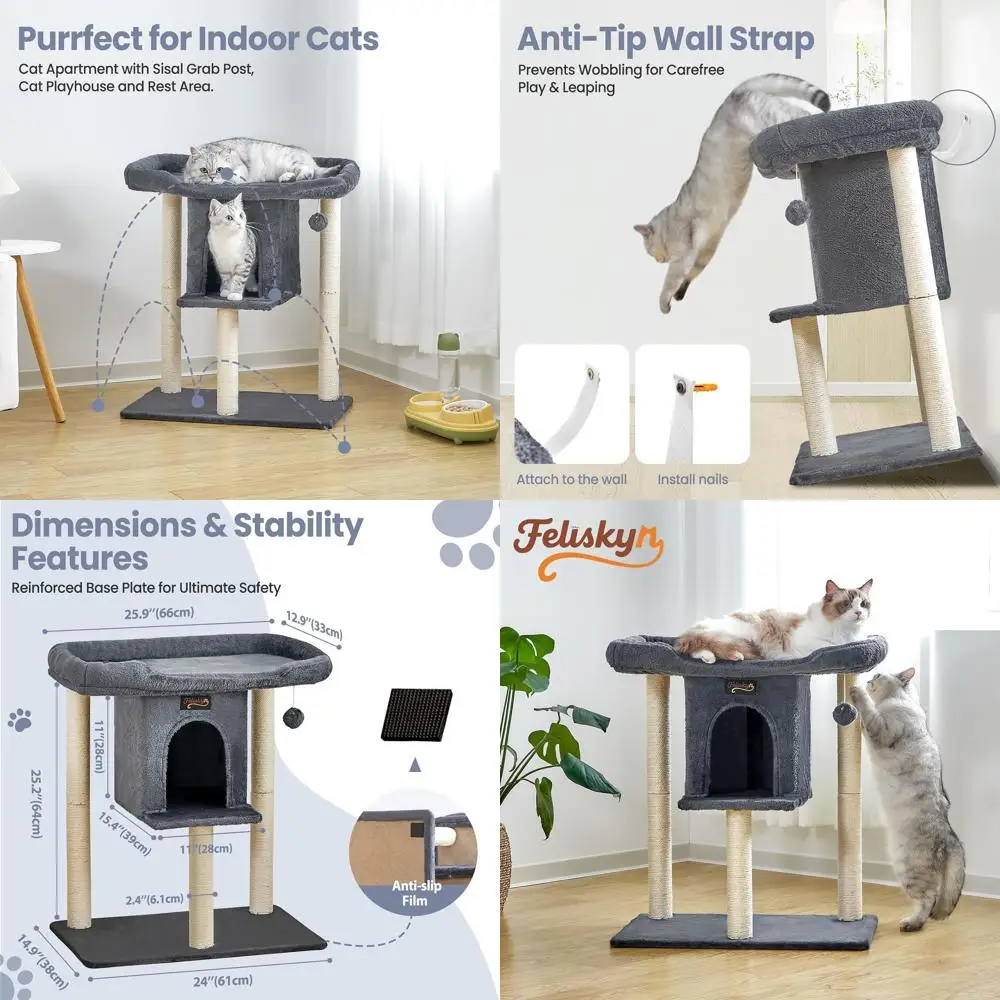 

Домашнее кошачье дерево с окунем и пещериной, высота 28, современная мебель для восхождения для больших кошек (темно-серый)