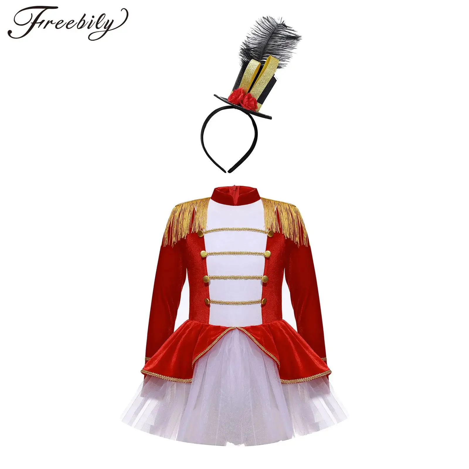 Kids Girls Circus Ringmaster Costume Set Long Sleeve Tutu Leotard Dress with  Top Hat Circus Lion Tamer Halloween Cosplay Dress