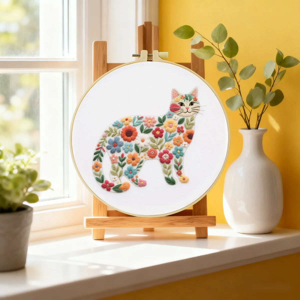1 Stück 20X20CM/15X15CM 7,87/6,3 Zoll Ein aus Blumen bestehendes Katzen-Bild Stickerei-Starter-Kit DIY-Kit DIY-Stickerei-Kit Handarbeiten – Detail 2