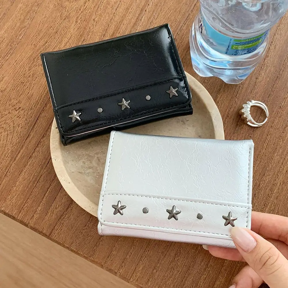 Korean Y2K Star Decor Small Wallet Women Short Leather Card Holder Cute Coin Purse Fashion Student Foldable Money Clip