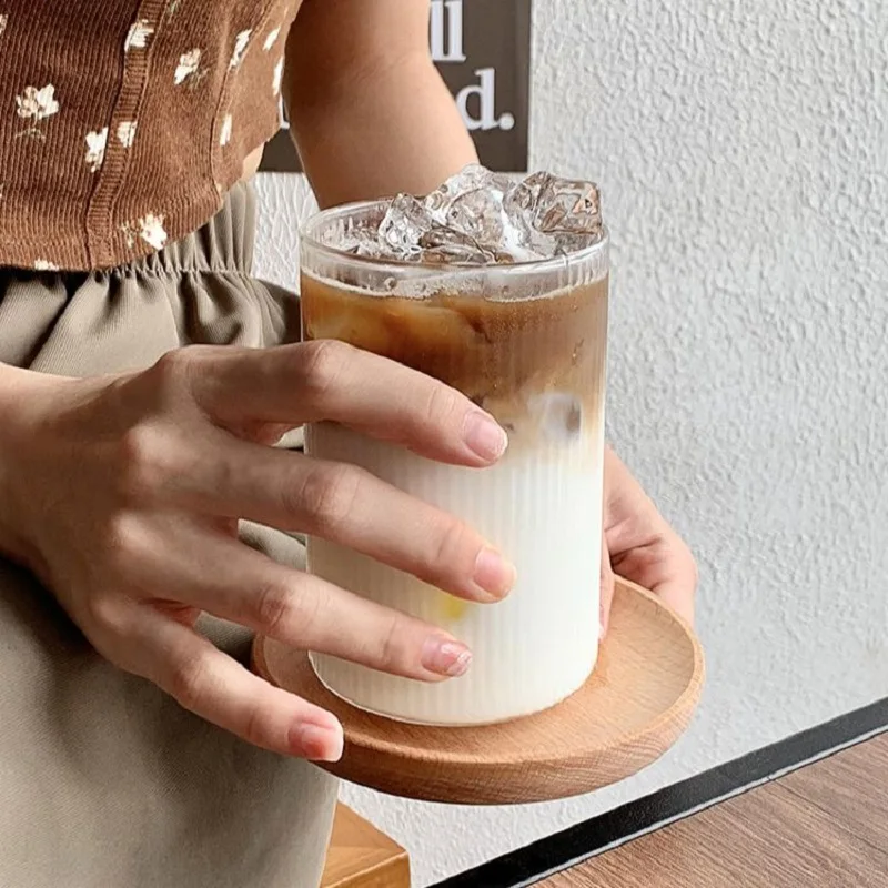 Japanese Vertical Glass Water Milk Coffee Mug Heat-resistant Glass Cup Straight Striped Glass Iced Latte Americano Cup